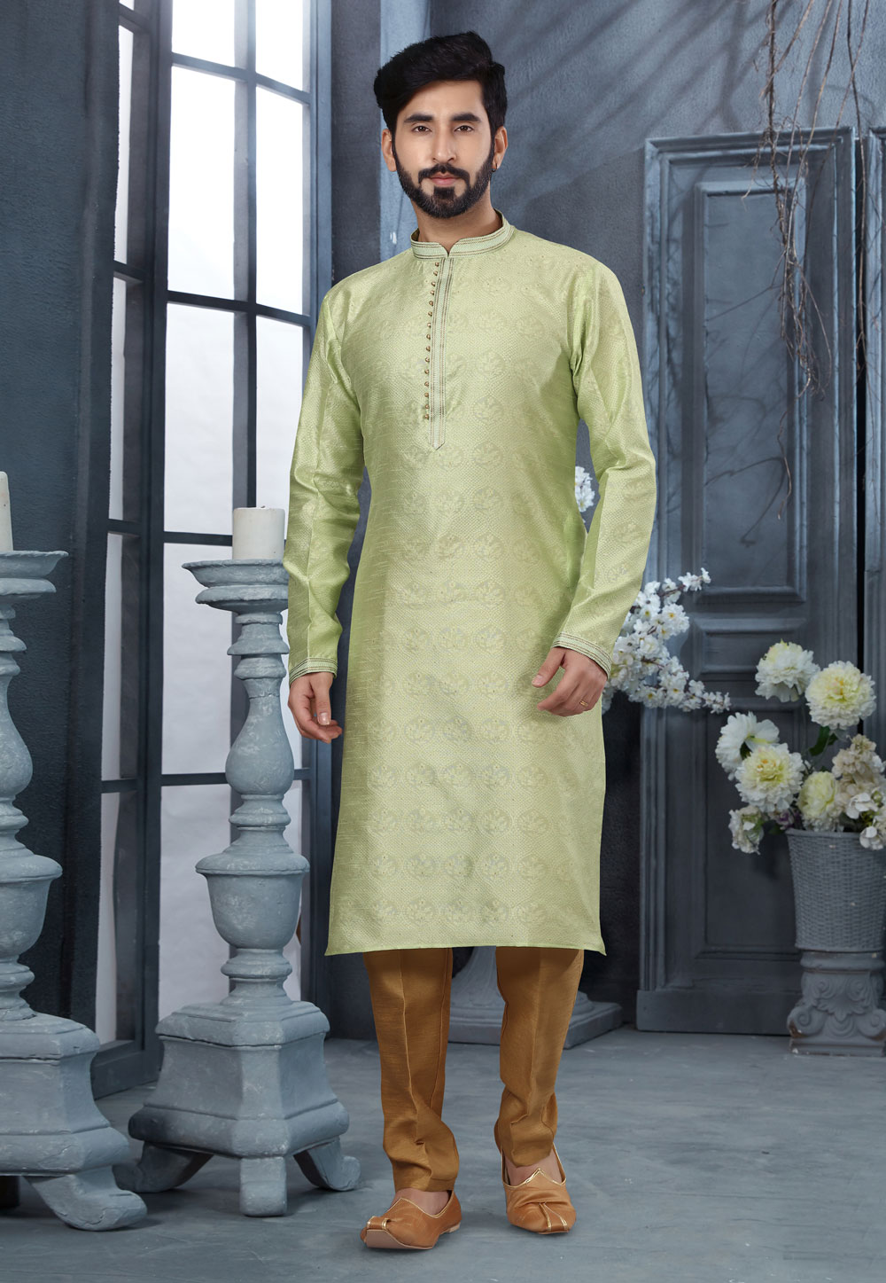 Pista Green Jacquard Kurta Pajama 250434