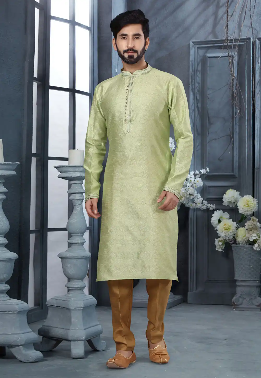 Pista Green Jacquard Kurta Pajama 250434