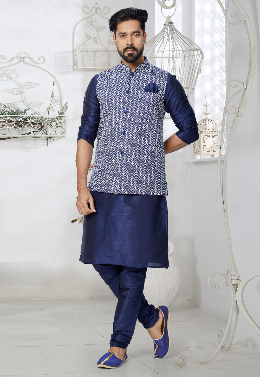 Navy Blue Banarasi Kurta Pajama With Jacket 265292