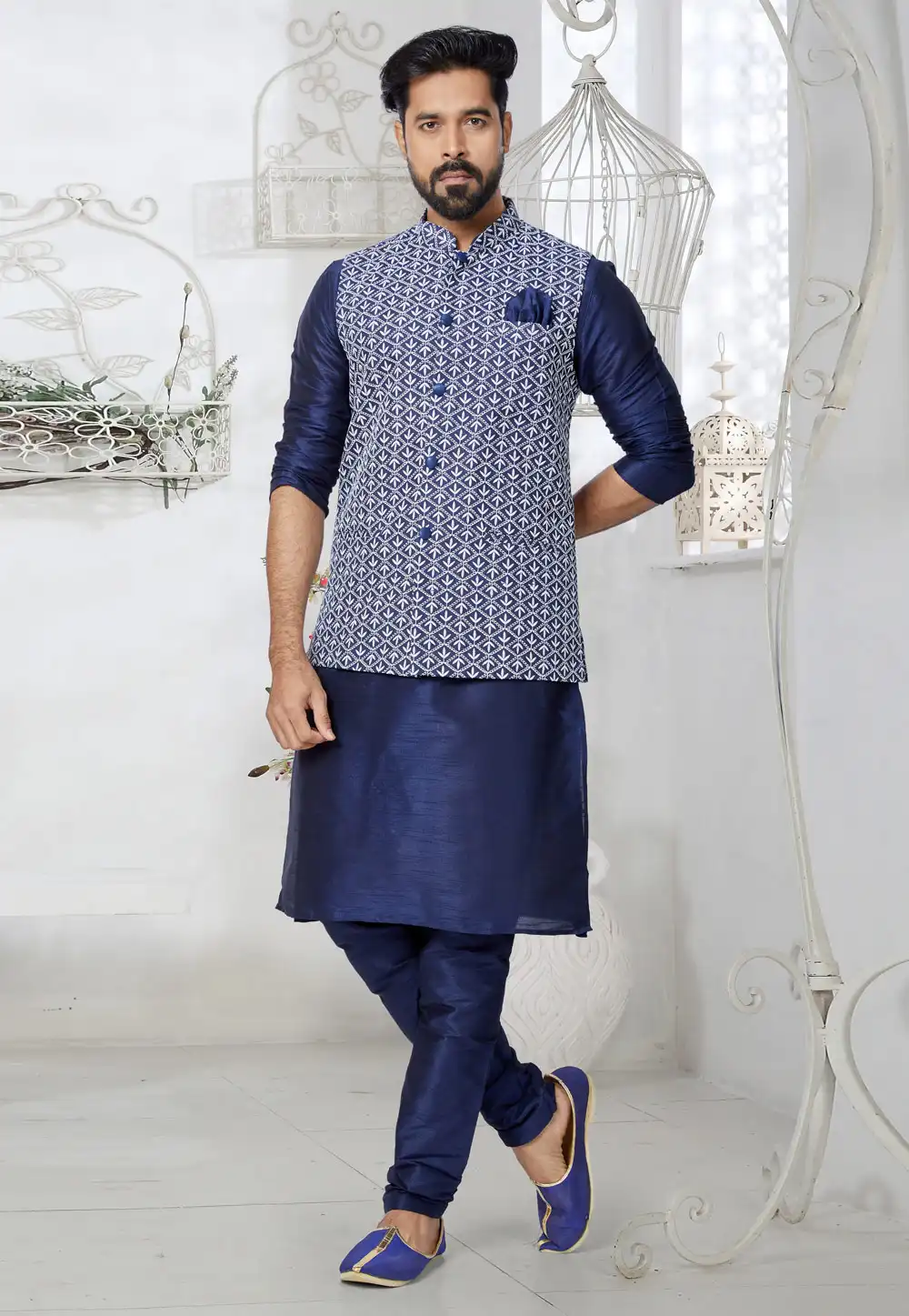 Navy Blue Banarasi Kurta Pajama With Jacket 265292
