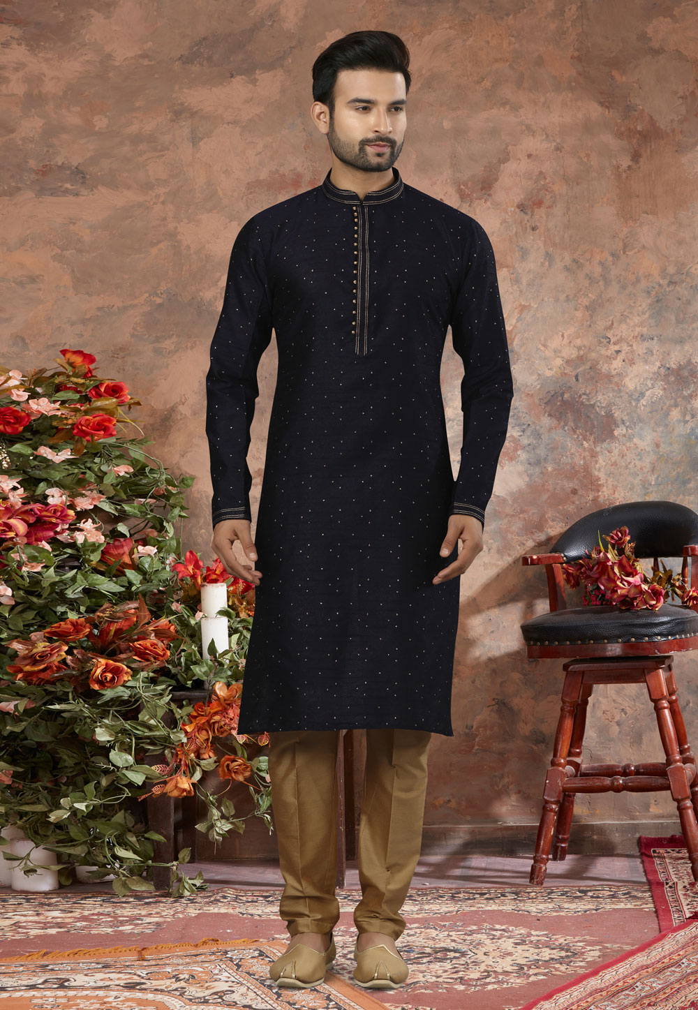 Navy Blue Jacquard Kurta Pajama 250435