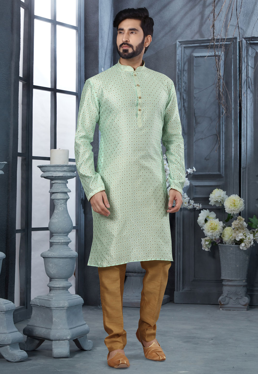 Pista Green Jacquard Kurta Pajama 250436