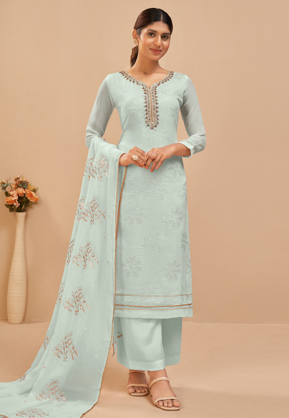 Sky Blue Georgette Palazzo Suit 260331