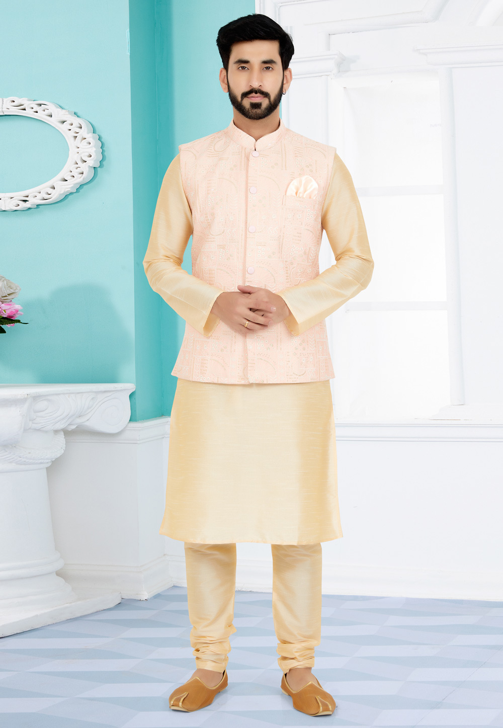 Beige Banarasi Kurta Pajama With Jacket 265294