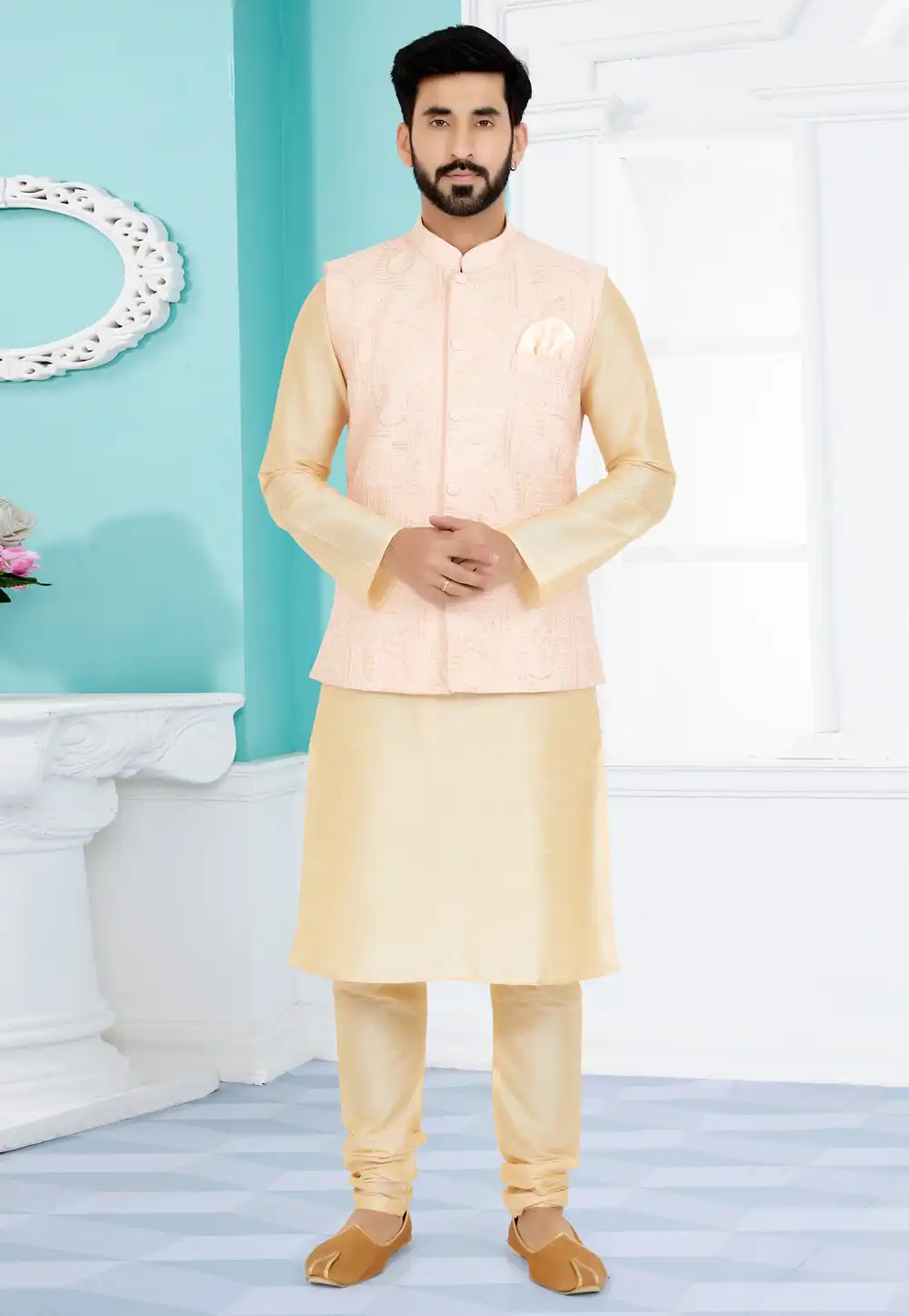 Beige Banarasi Kurta Pajama With Jacket 265294