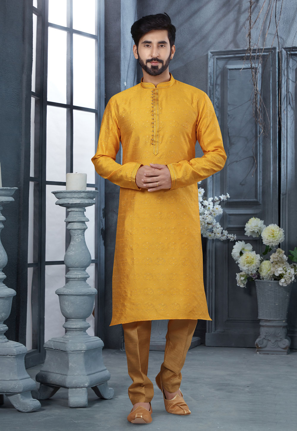 Yellow Jacquard Kurta Pajama 250438