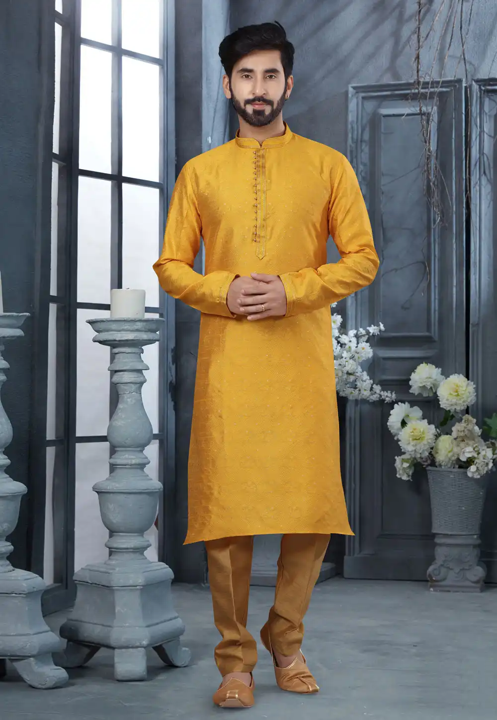 Yellow Jacquard Kurta Pajama 250438