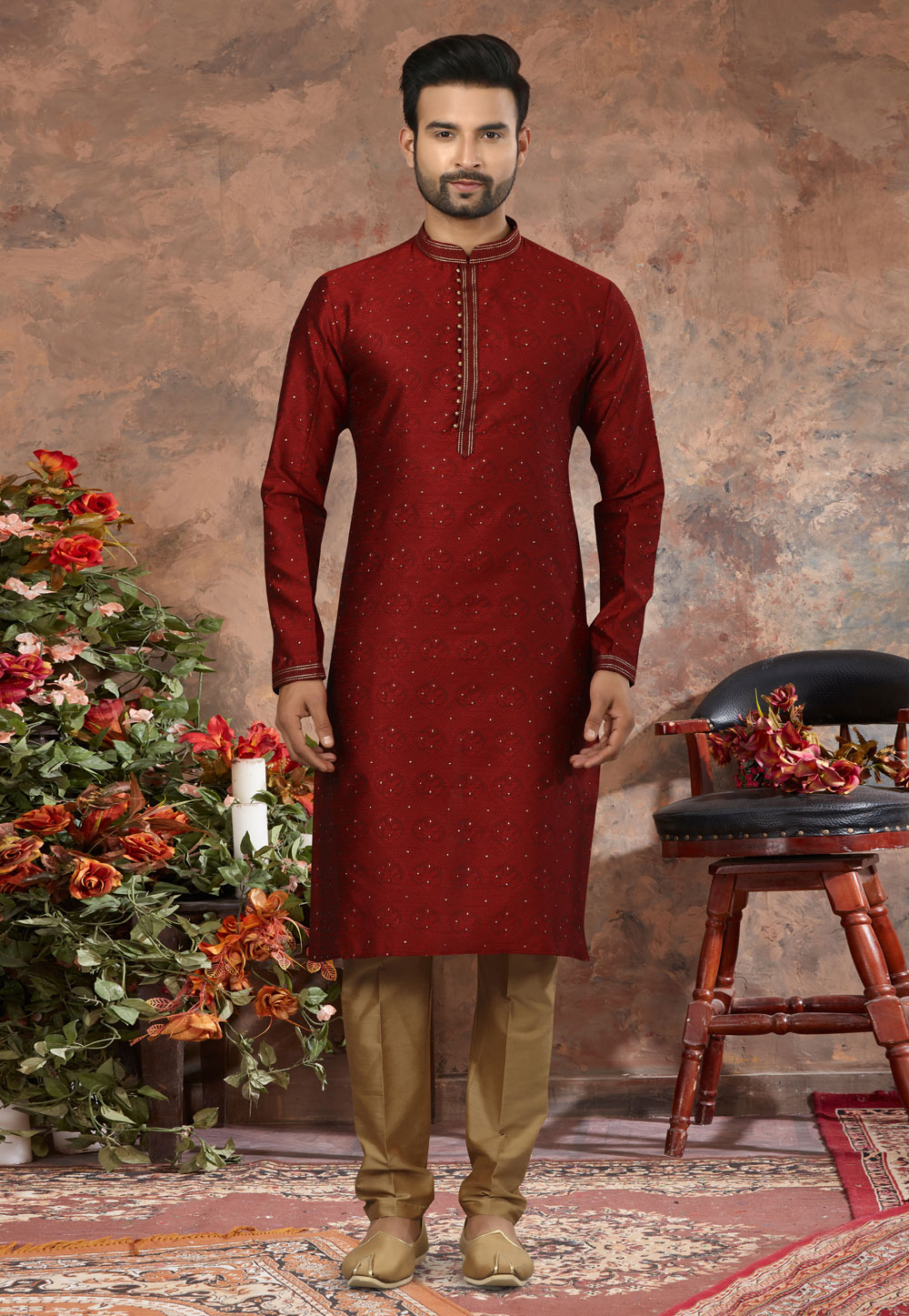 Maroon Jacquard Kurta Pajama 250439