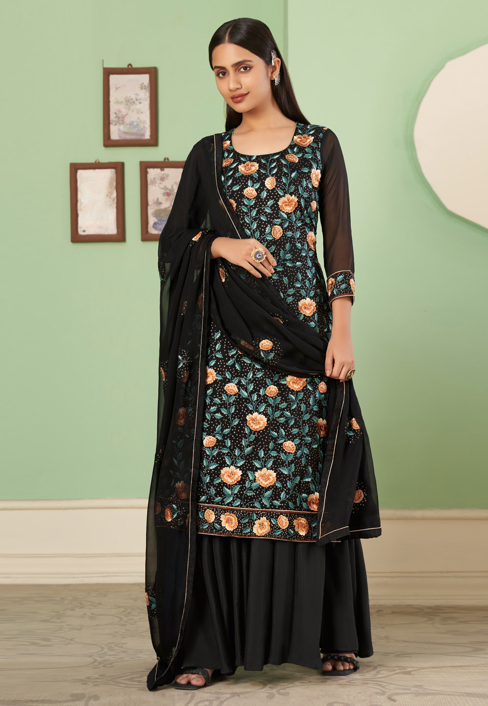 Black Georgette Palazzo Suit 252111