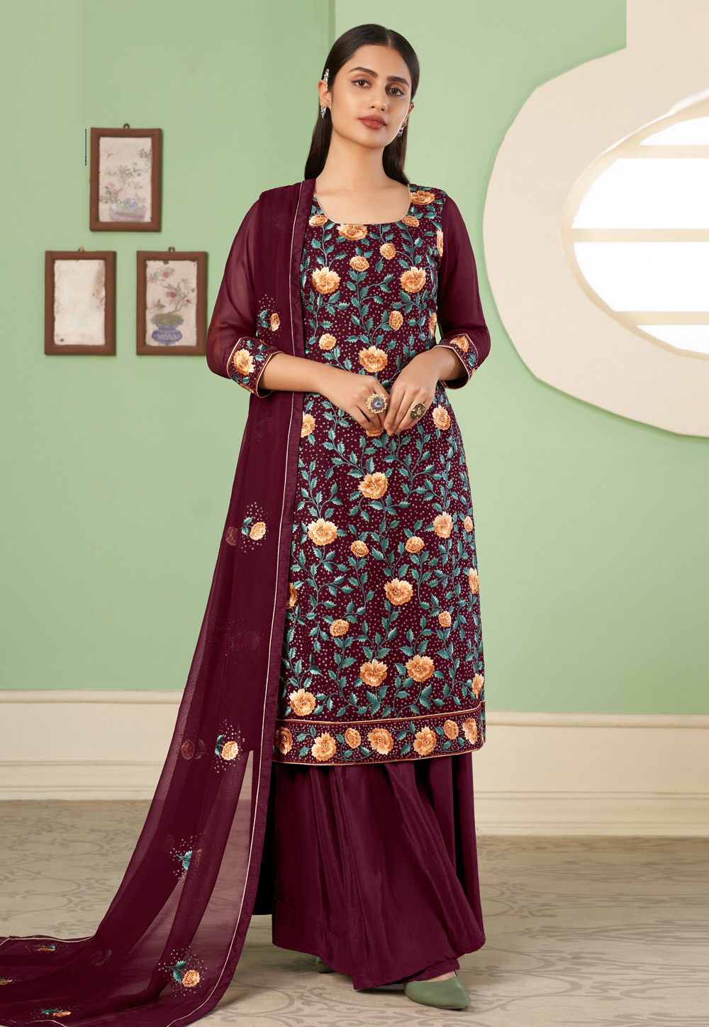Wine Georgette Palazzo Suit 252113