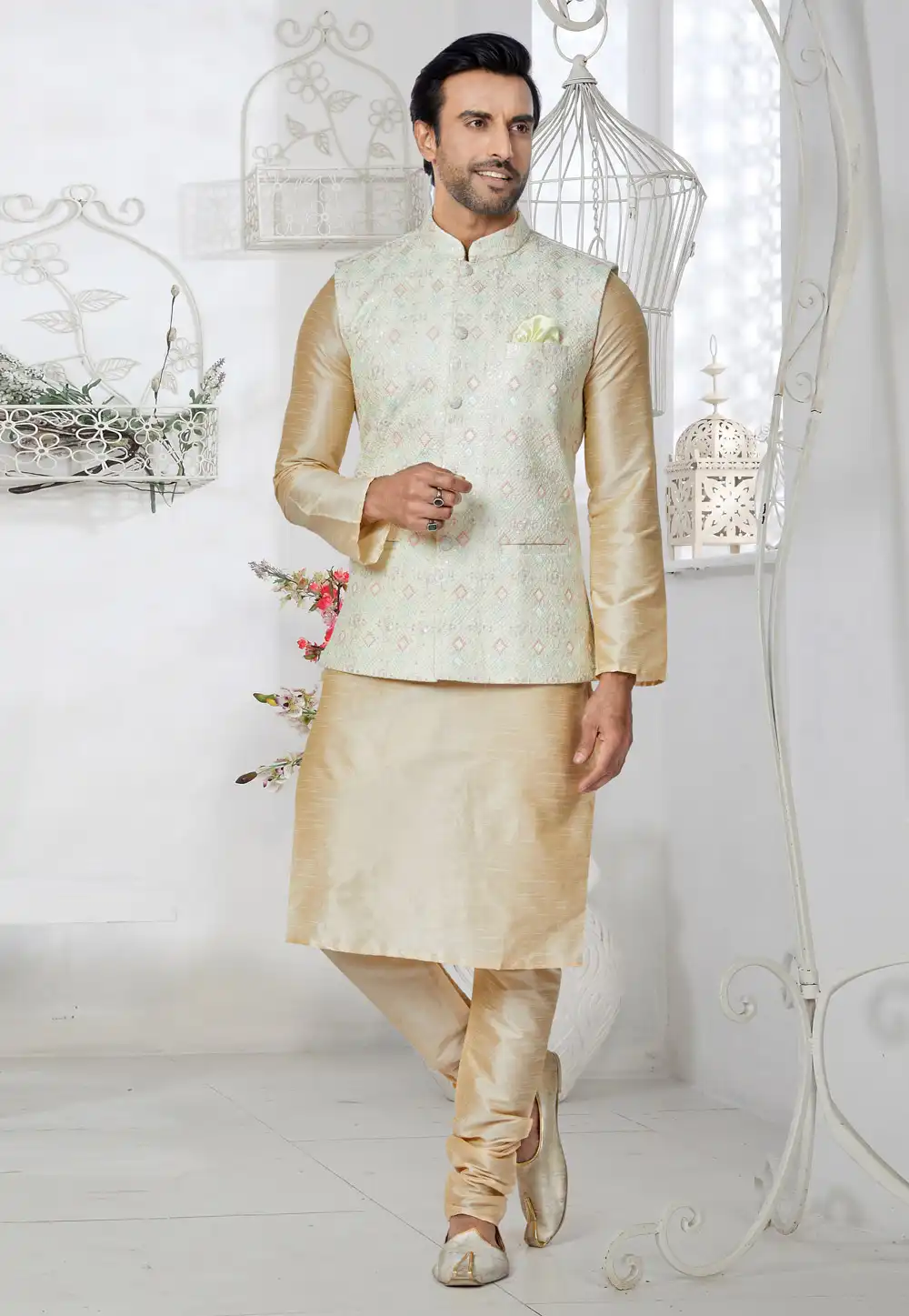 Beige Banarasi Kurta Pajama With Jacket 265297