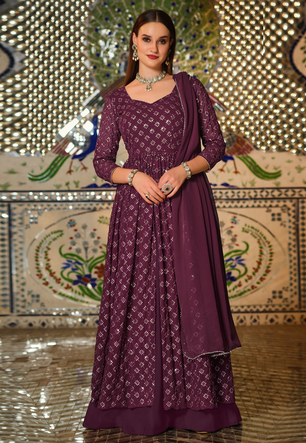 Wine Georgette Long Choli Lehenga 247019