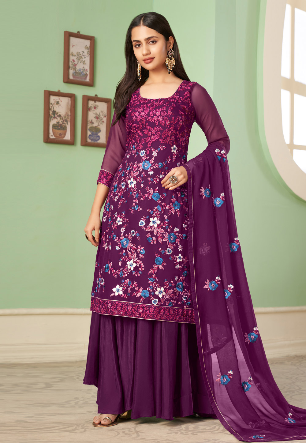 Purple Georgette Palazzo Suit 252115