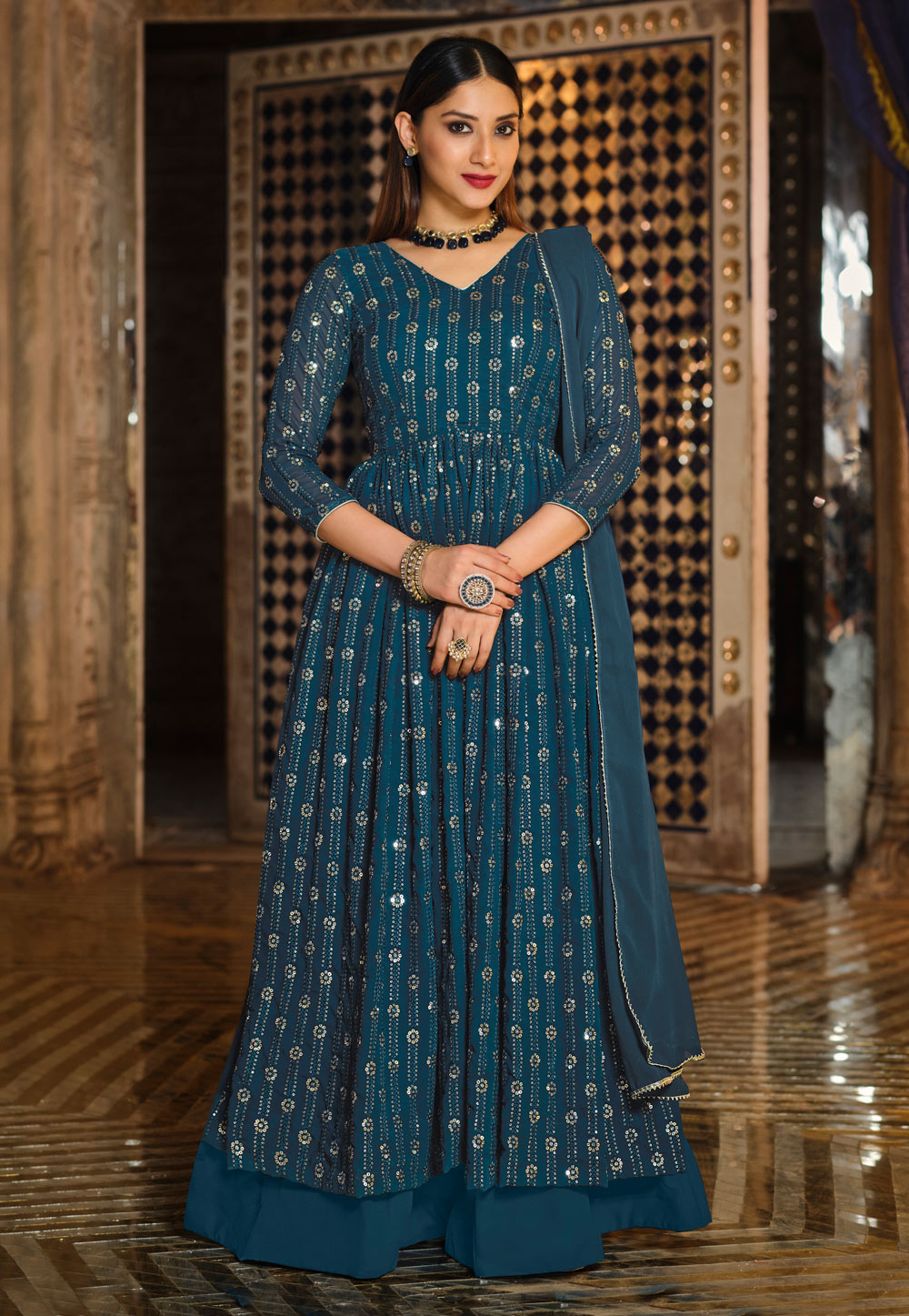 Teal Georgette Indo Western Lehenga Choli 247020