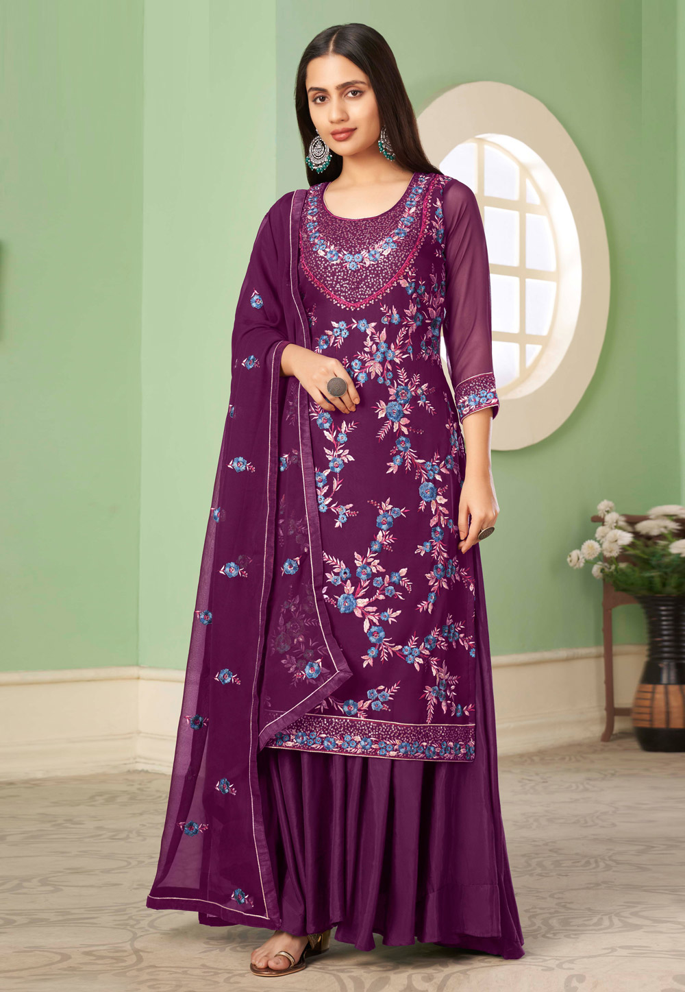 Purple Georgette Palazzo Suit 252119