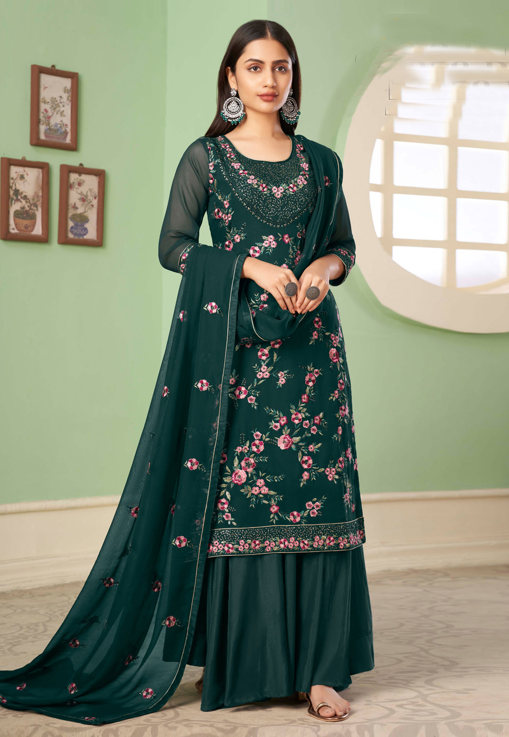 Green Georgette Palazzo Suit 252121