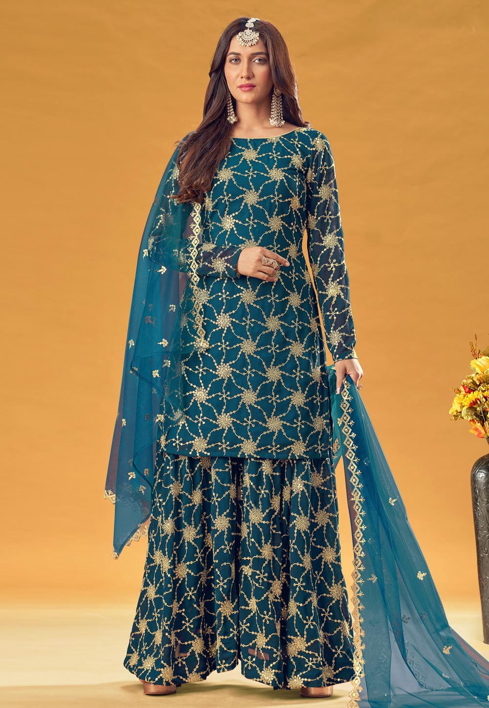 Teal Georgette Kameez With Palazzo 245948