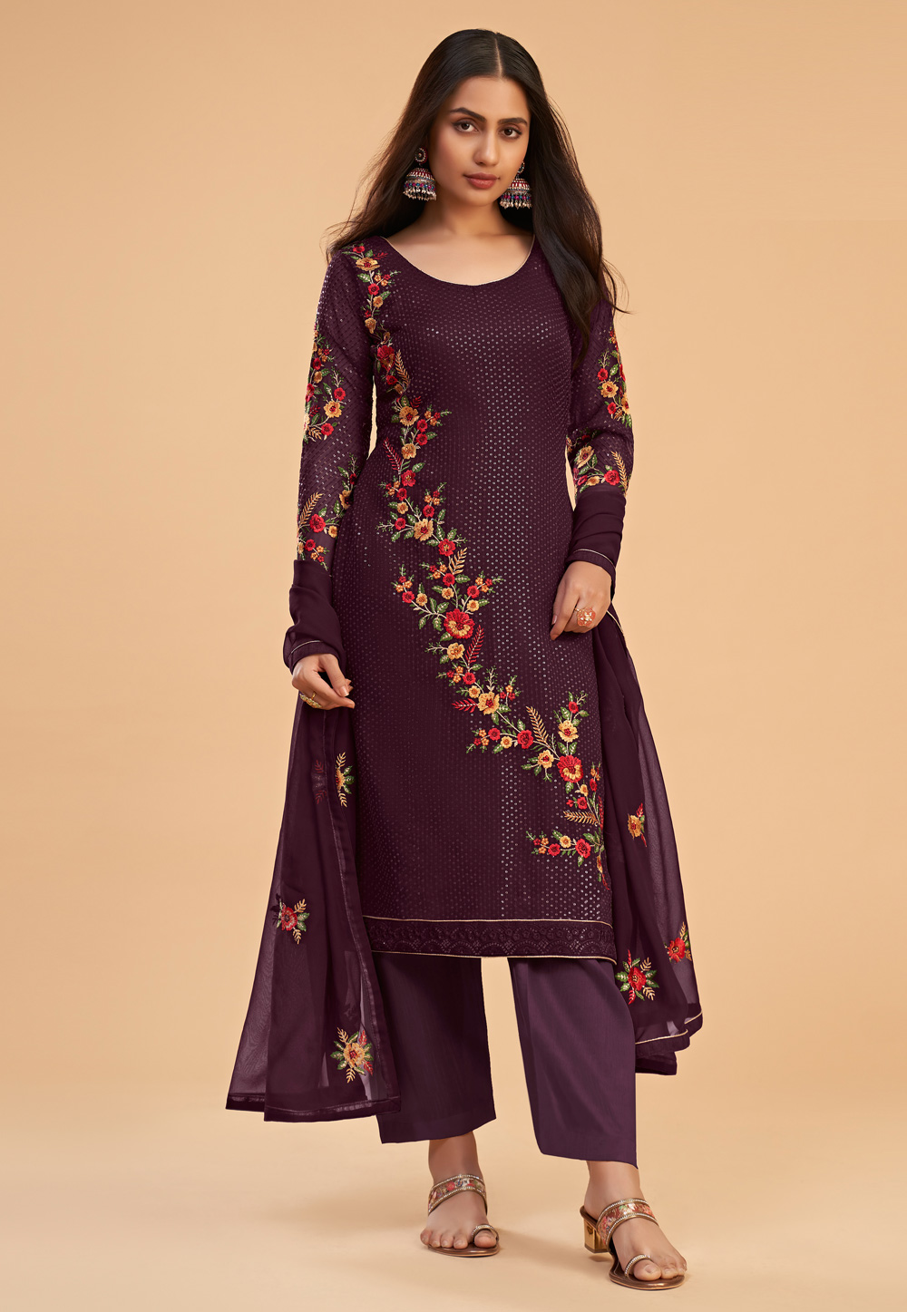 Purple Georgette Pant Style Suit 261549