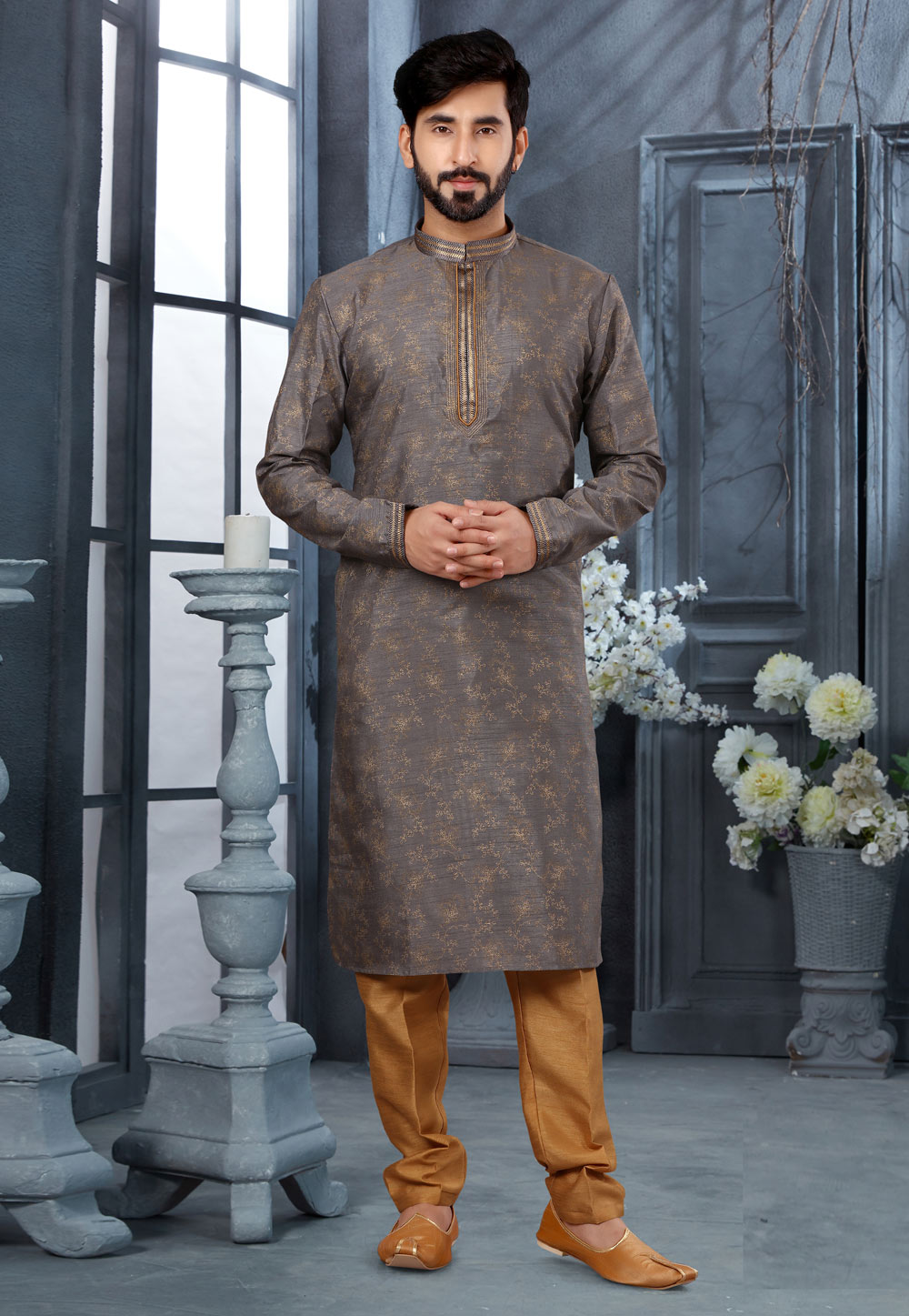 Grey Silk Kurta Pajama 250446