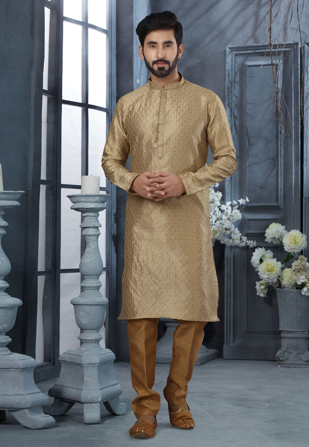 Beige Jacquard Kurta Pajama 250450