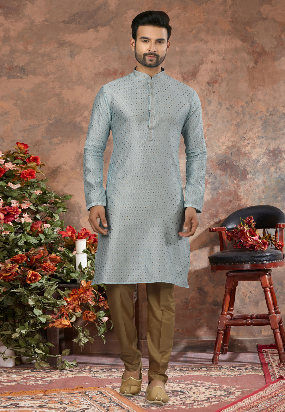 Sky Blue Jacquard Kurta Pajama 250451