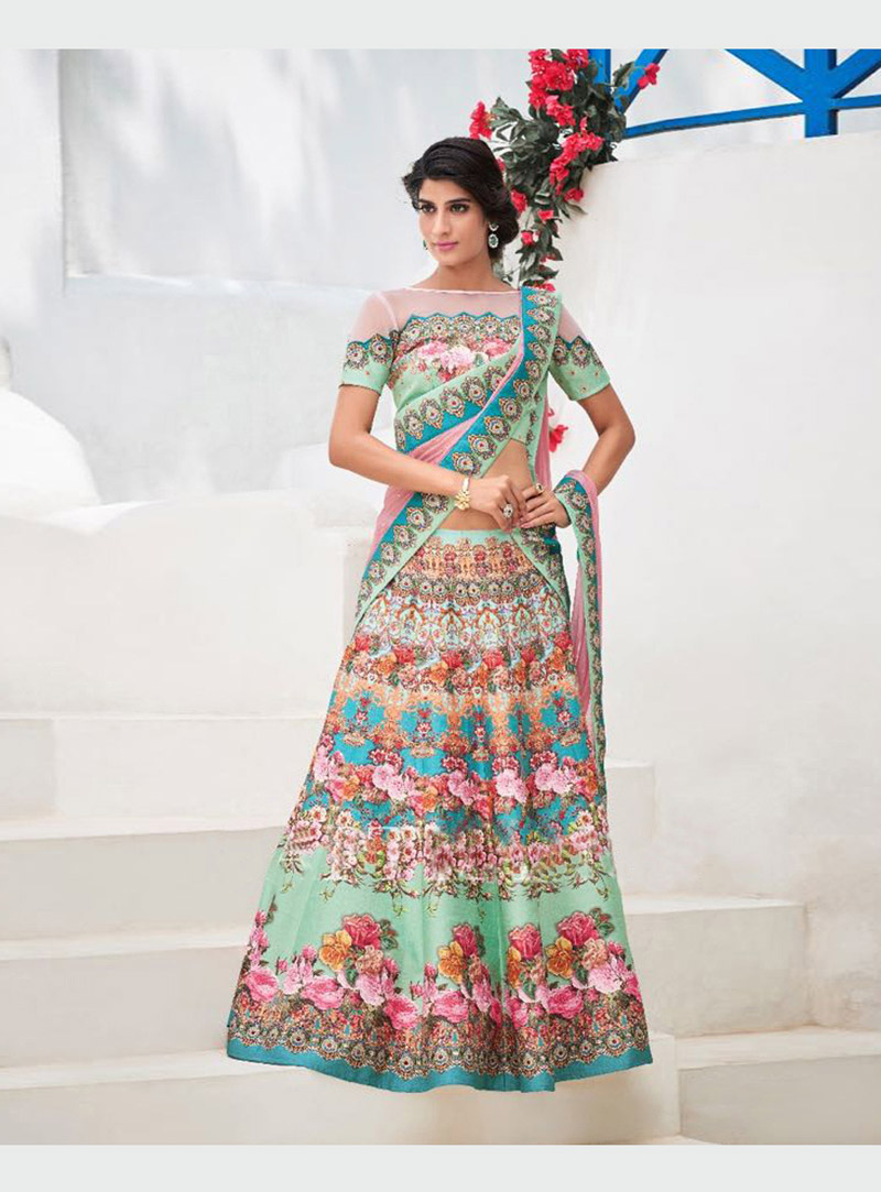 Light Green Silk Printed Lehenga Choli 77517