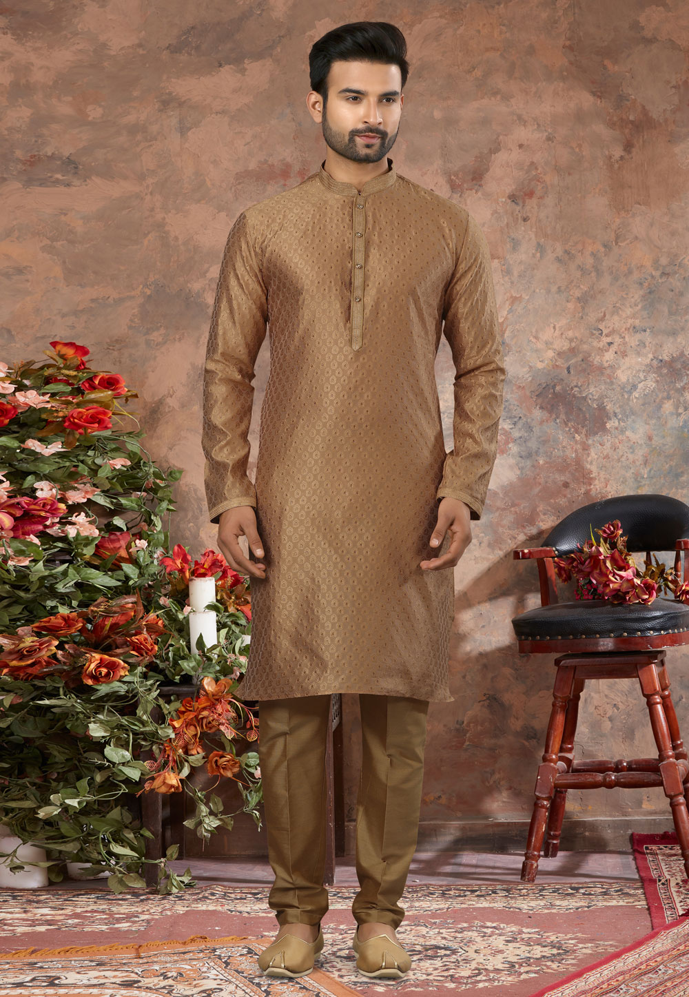 Brown Jacquard Kurta Pajama 250453