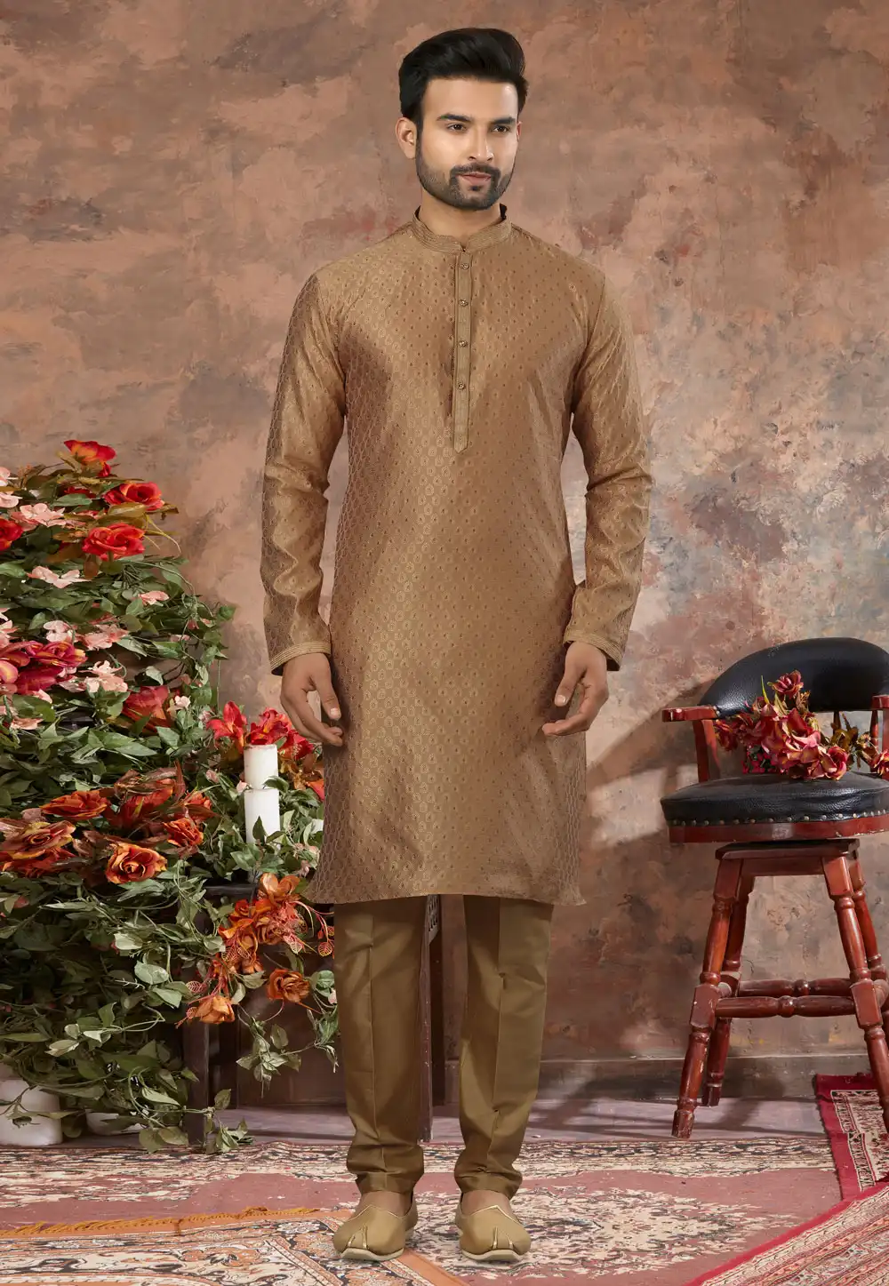 Brown Jacquard Kurta Pajama 250453
