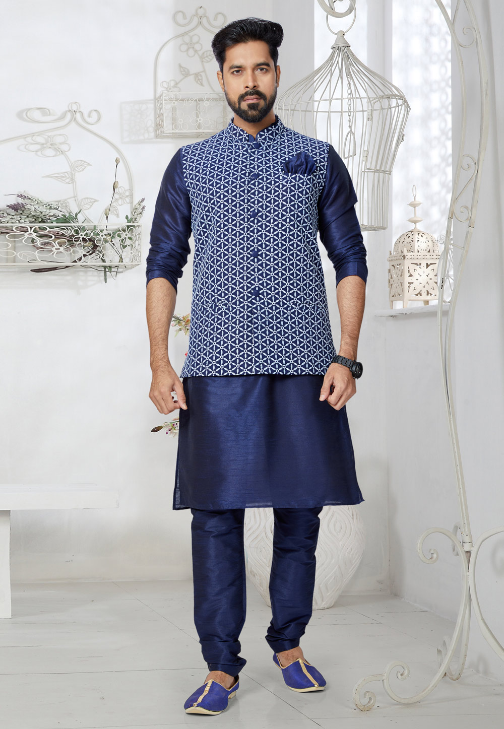 Navy Blue Banarasi Kurta Pajama With Jacket 268580