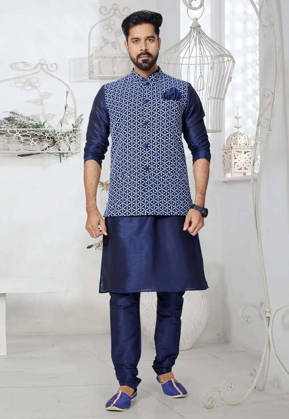 Navy Blue Banarasi Kurta Pajama With Jacket 268580