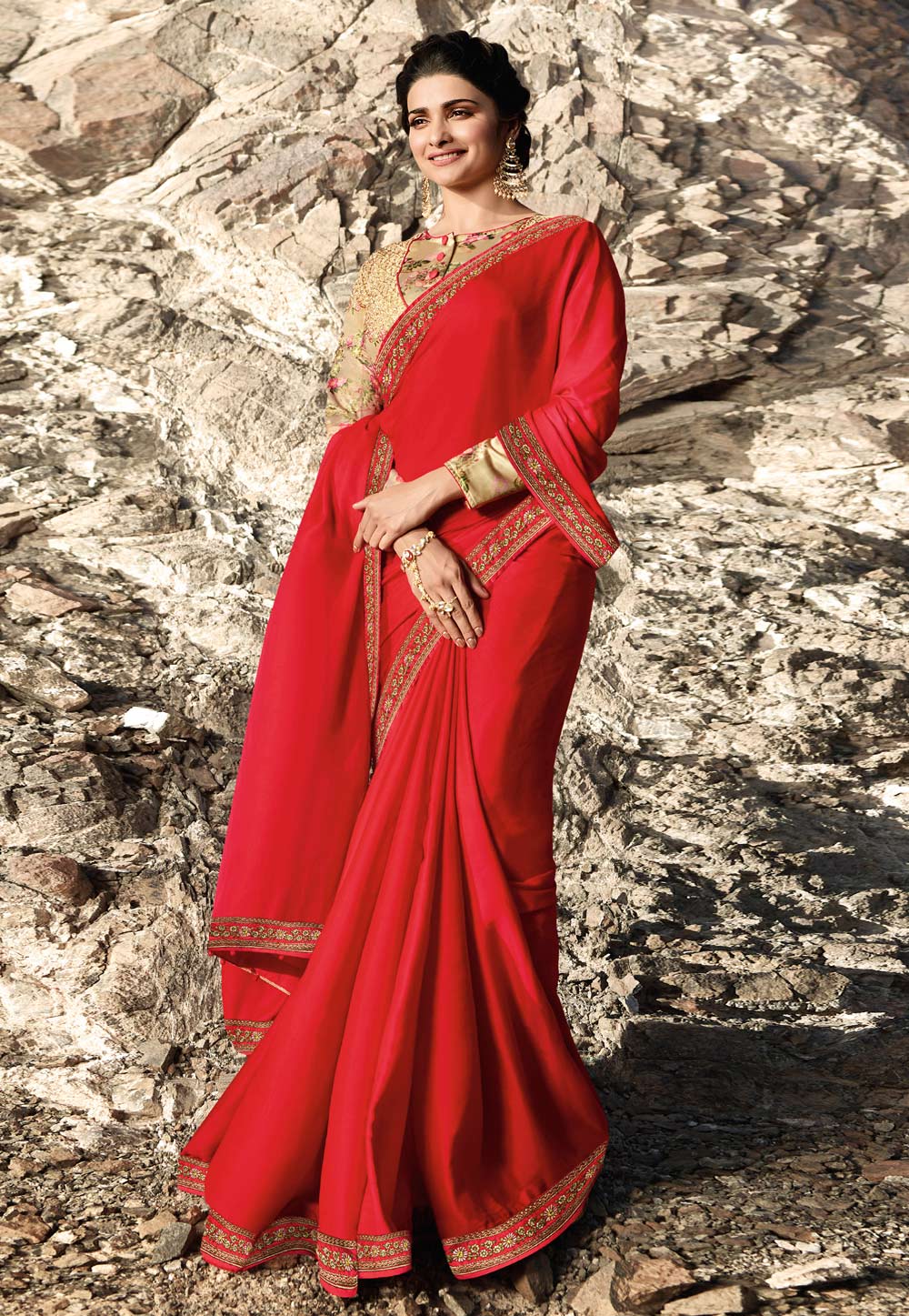 Prachi Desai Red Silk Party Wear Saree 155424
