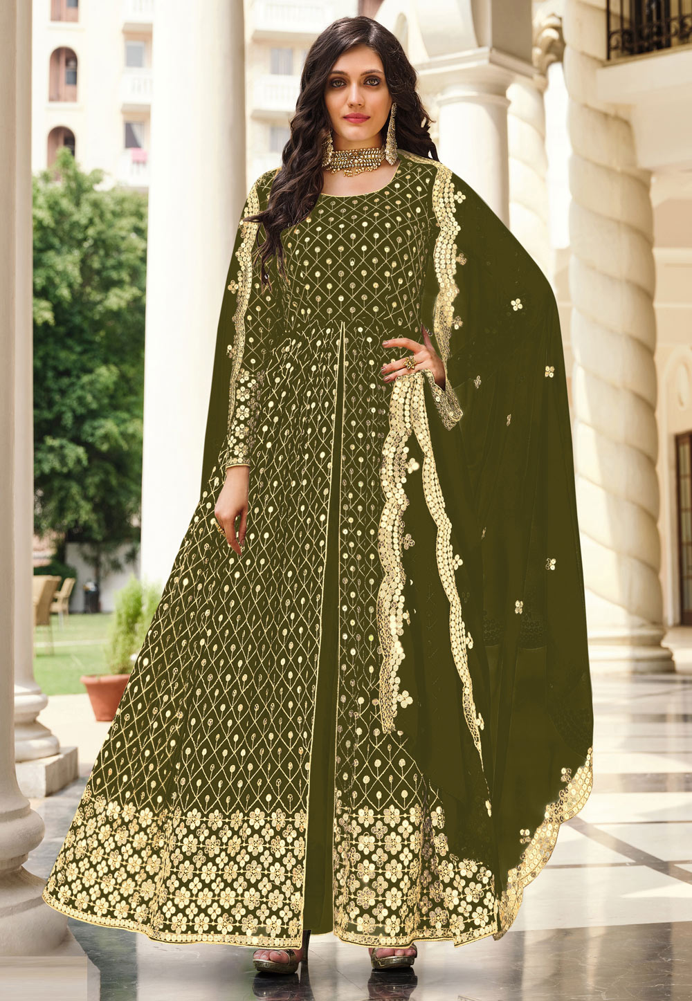 Mehndi Georgette Abaya Style Anarkali Suit 250536