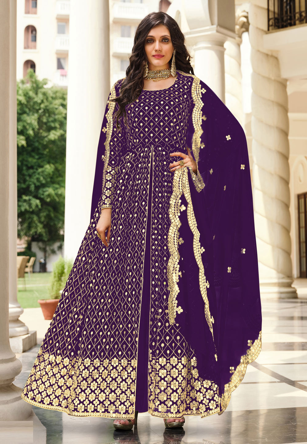 Purple Georgette Center Slit Anarkali Suit 250537