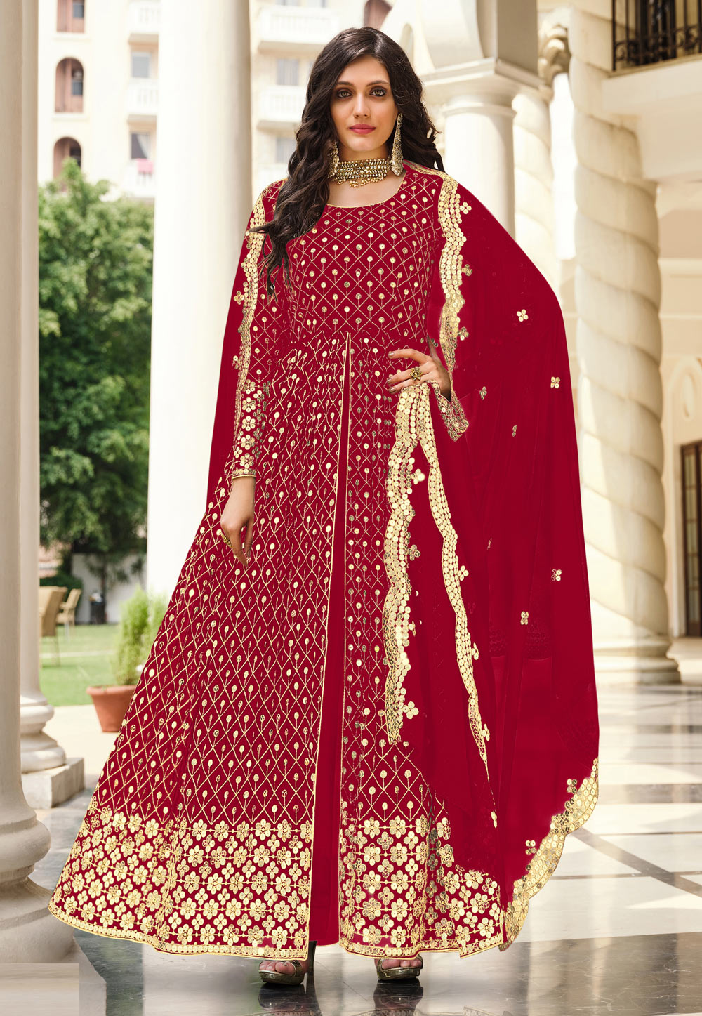 Maroon Georgette Abaya Style Anarkali Suit 250538