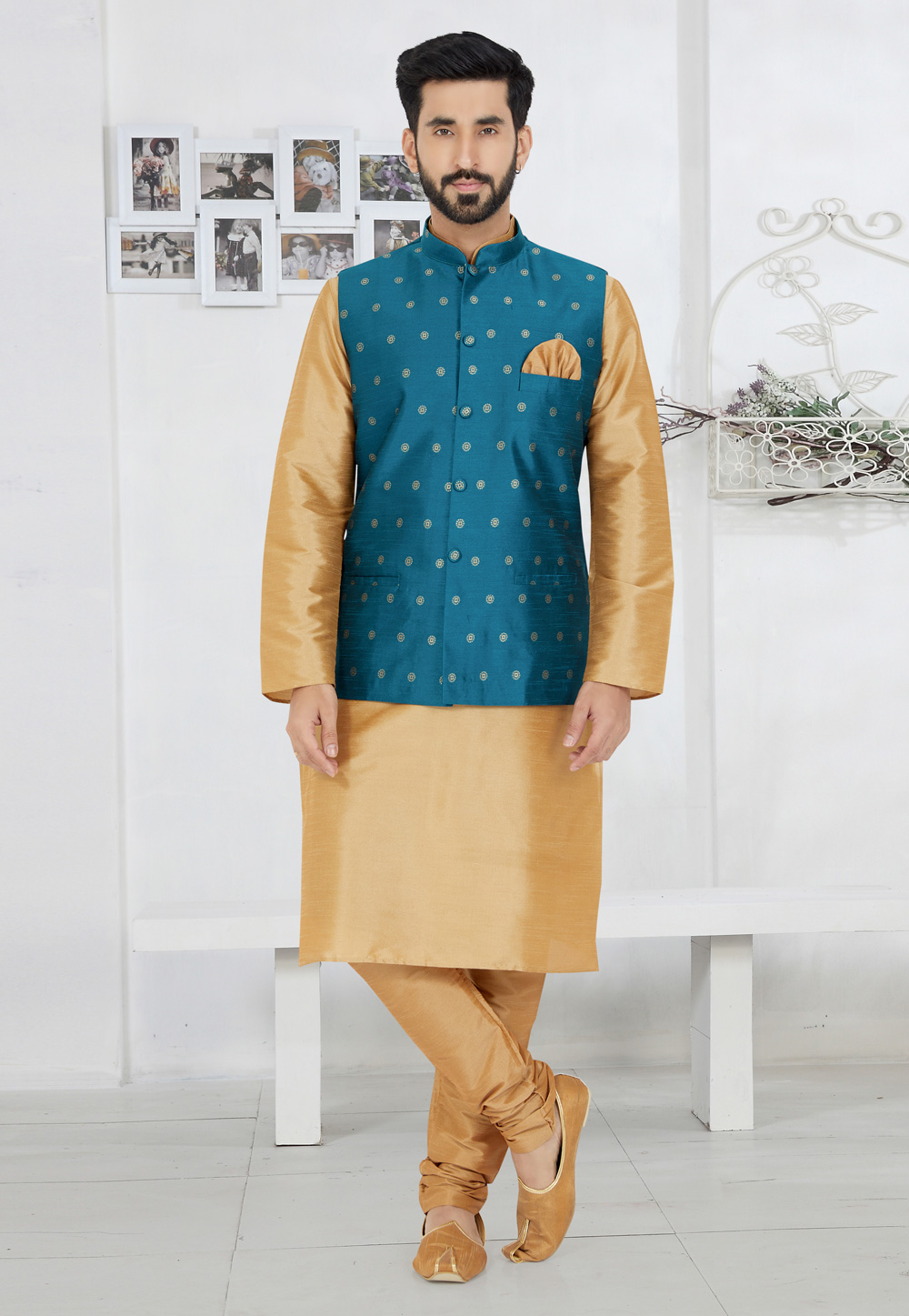 Beige Banarasi Kurta Pajama With Jacket 268530