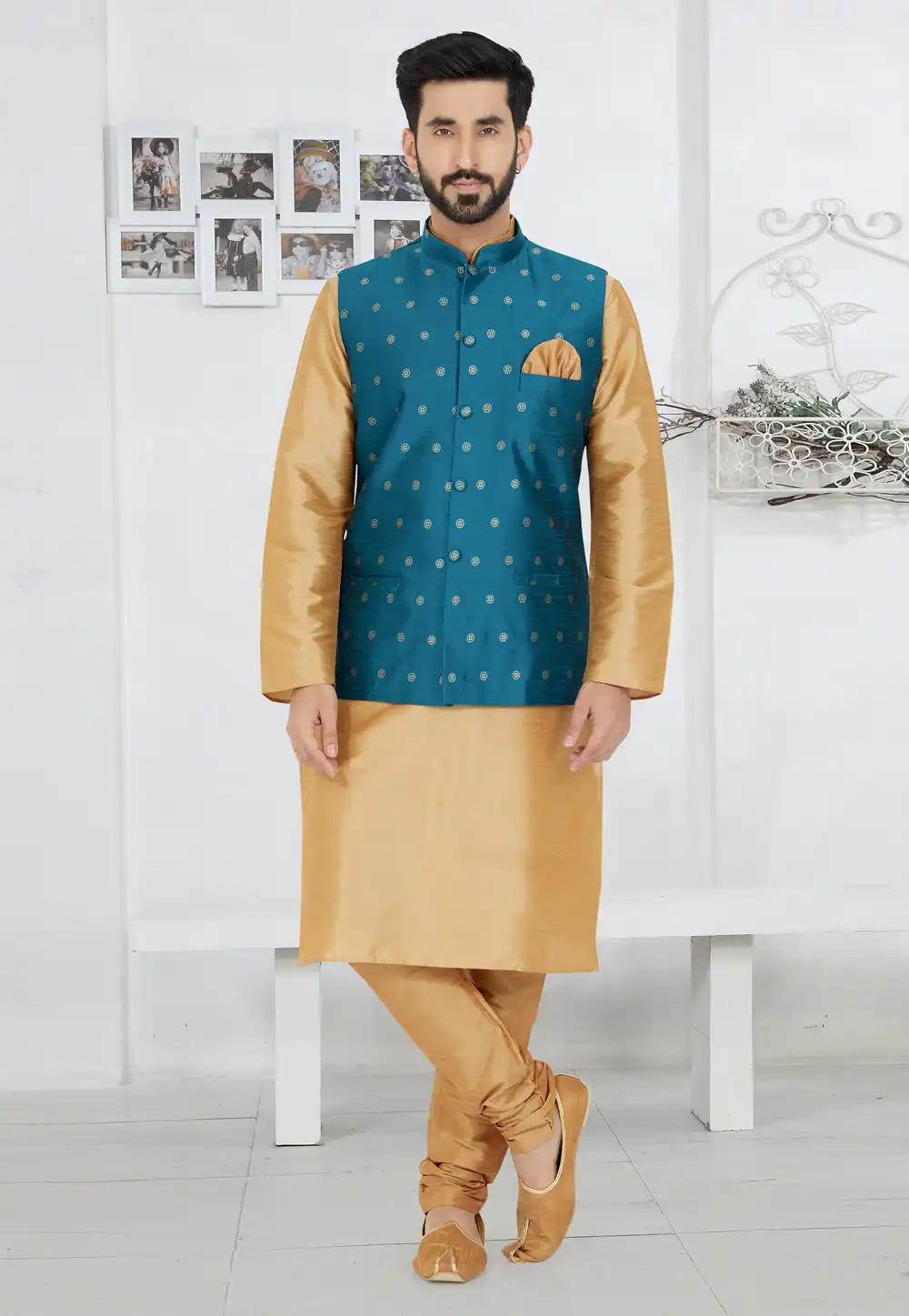 Beige Banarasi Kurta Pajama With Jacket 268530