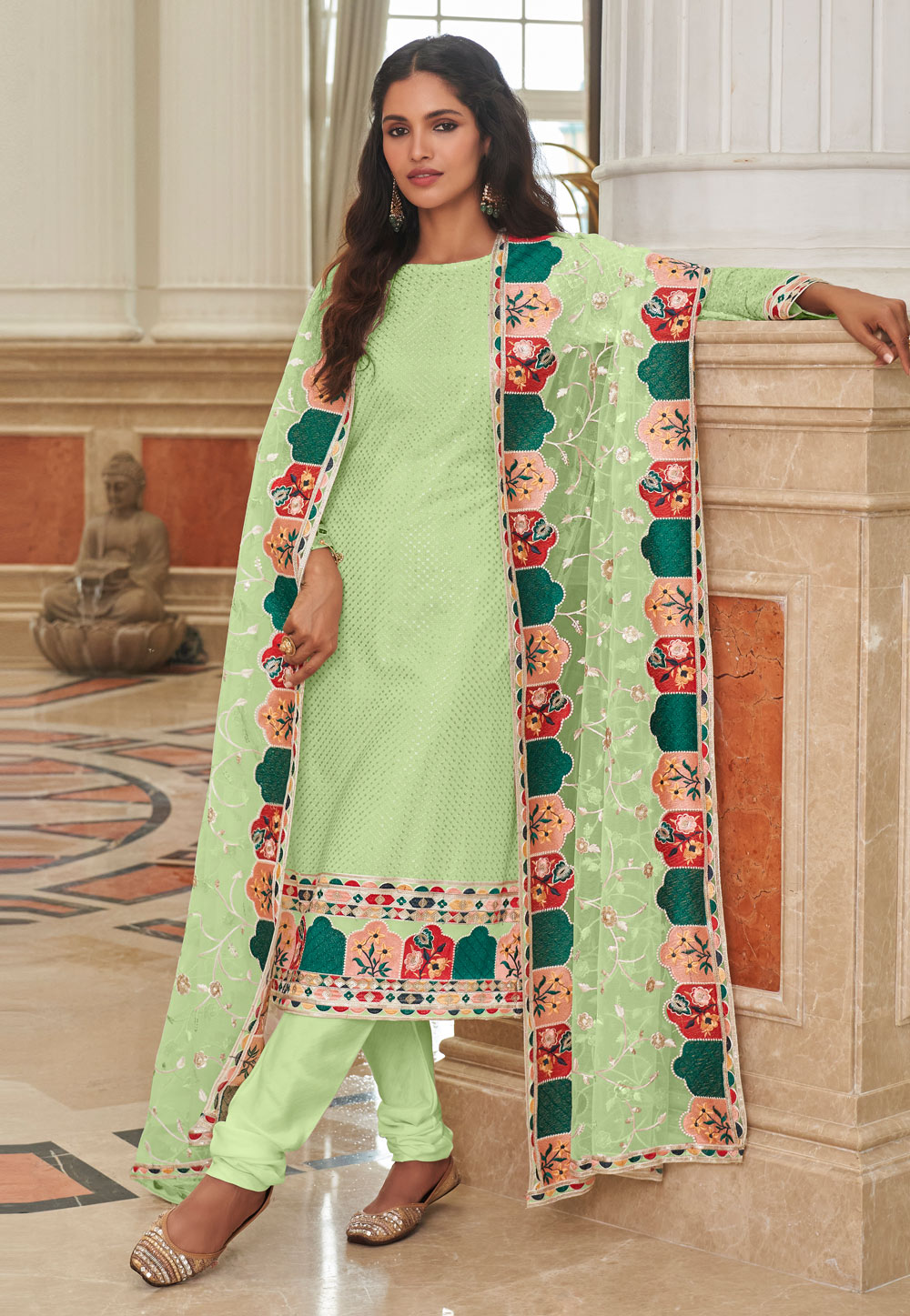 Pista Green Georgette Churidar Suit 259778