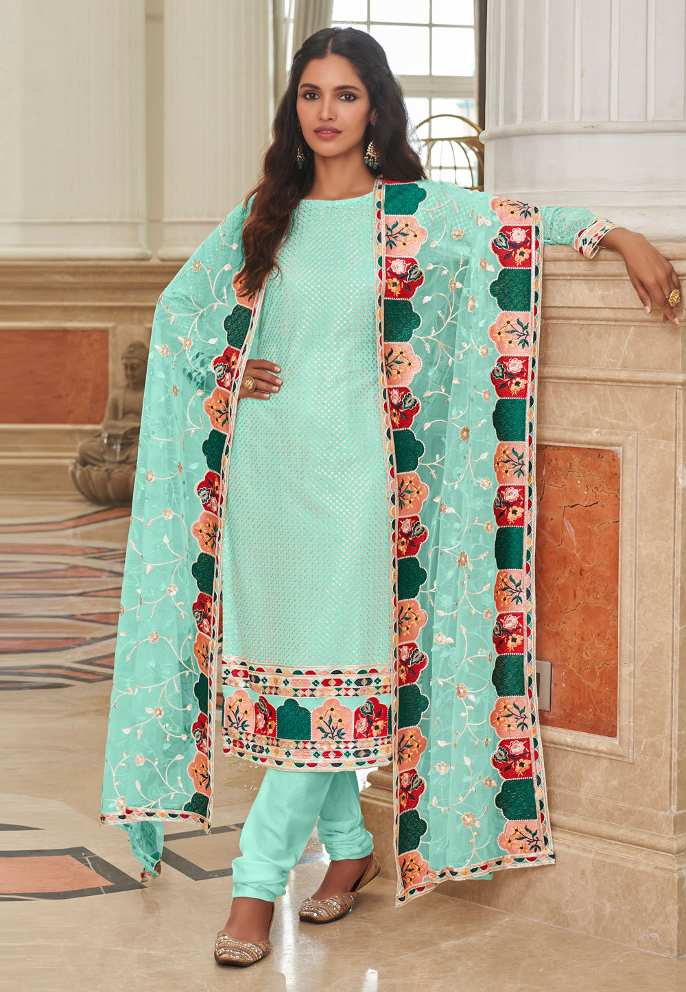 Sky Blue Georgette Churidar Salwar Suit 259779