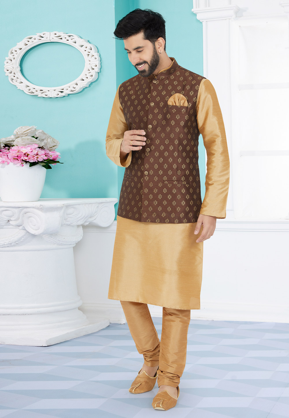 Beige Banarasi Kurta Pajama With Jacket 268531