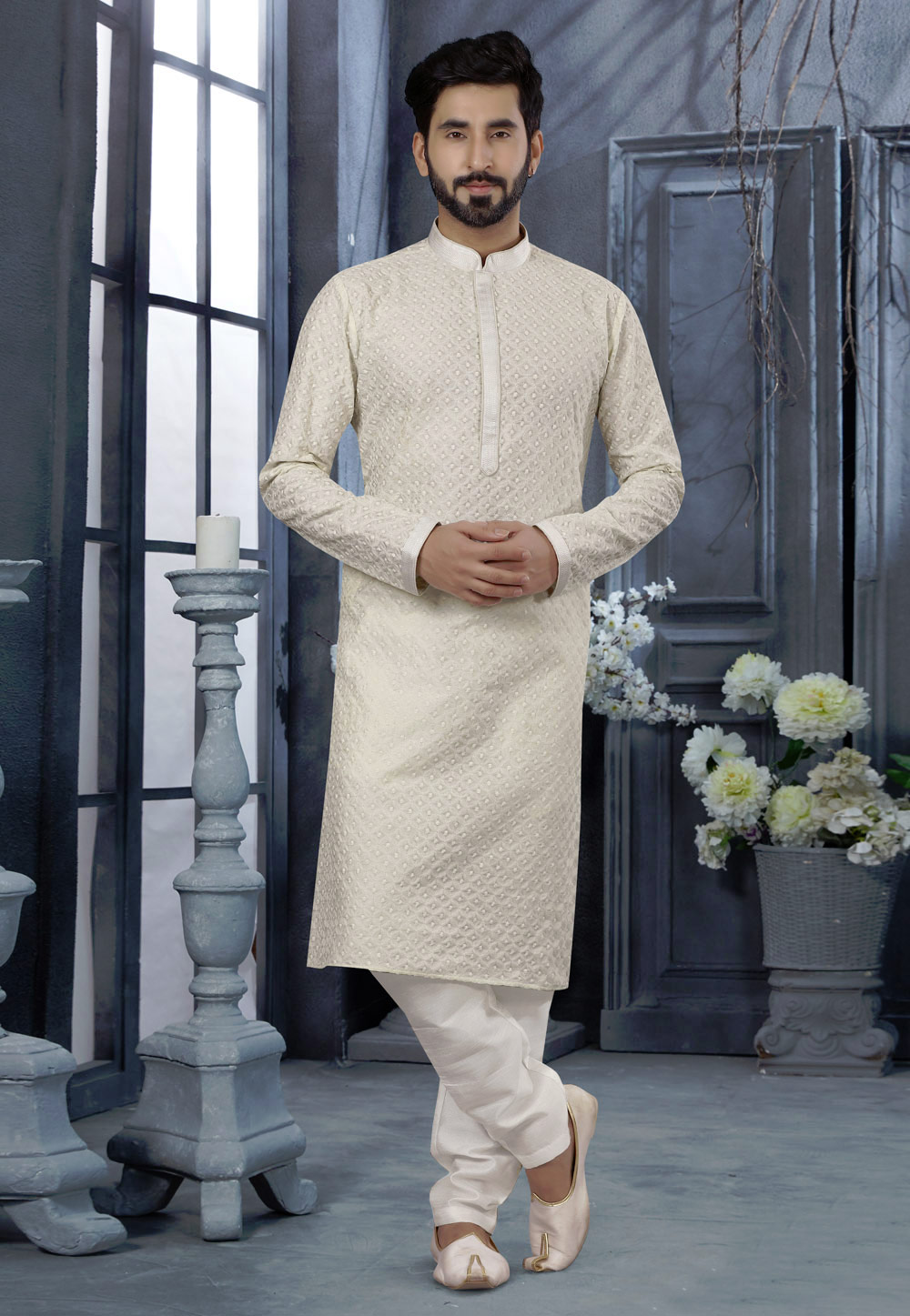 Off White Silk Kurta Pajama 250468
