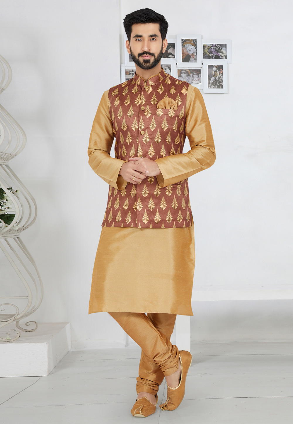Beige Banarasi Kurta Pajama With Jacket 268536