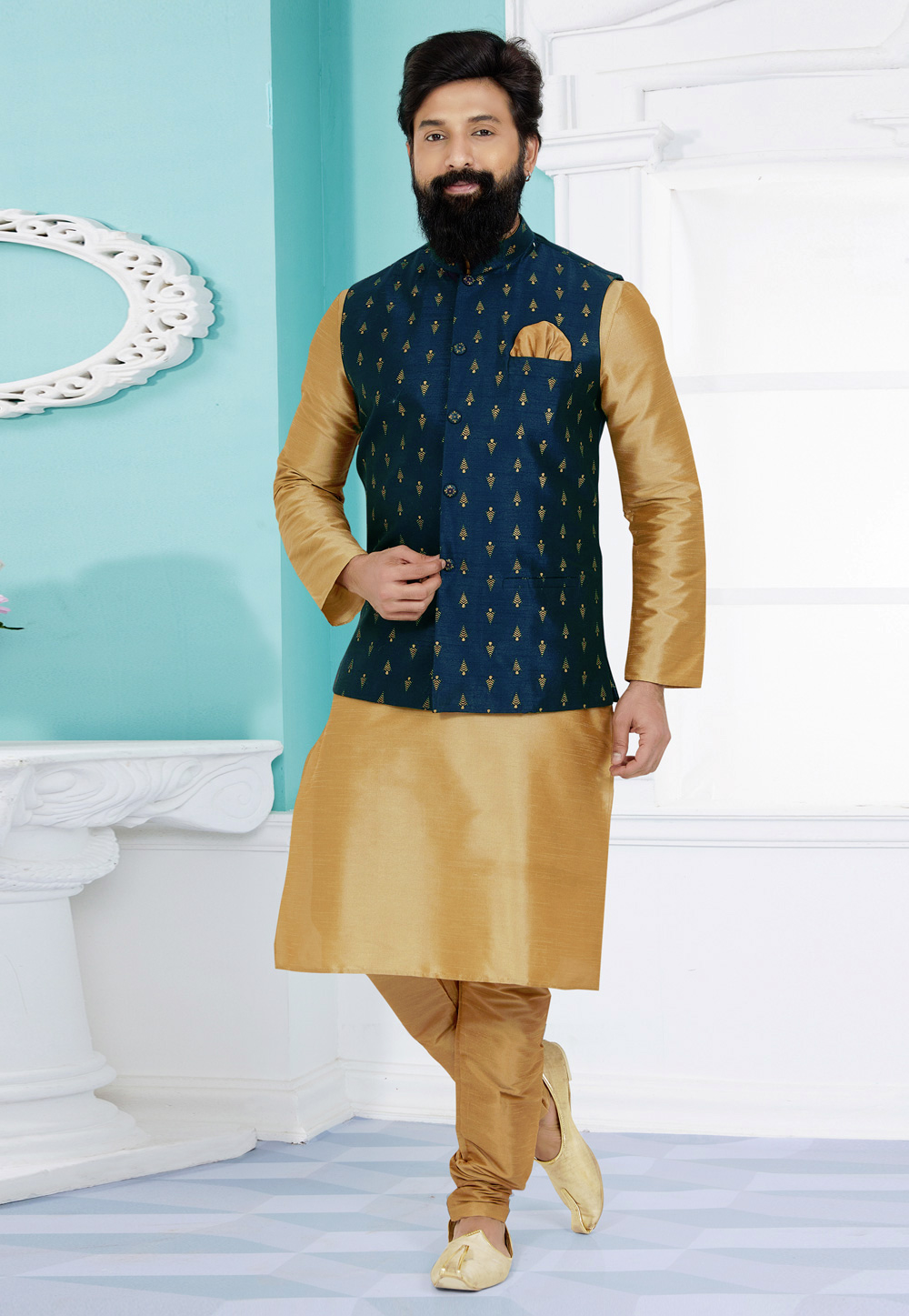Beige Banarasi Kurta Pajama With Jacket 268537