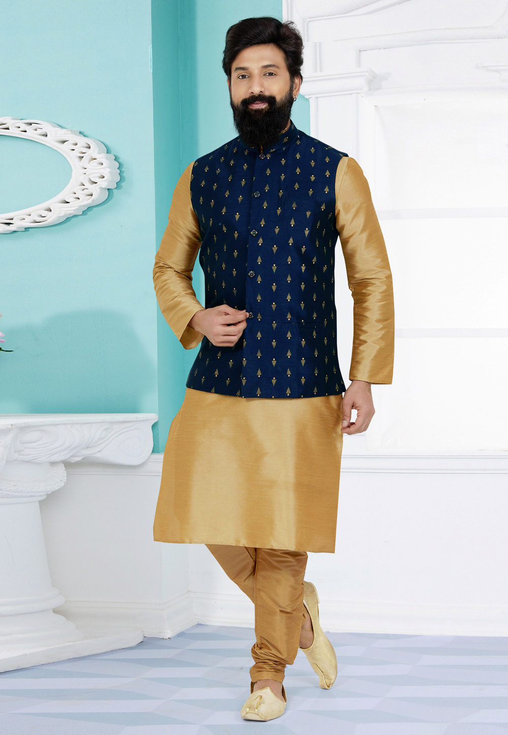 Beige Banarasi Kurta Pajama With Jacket 268537