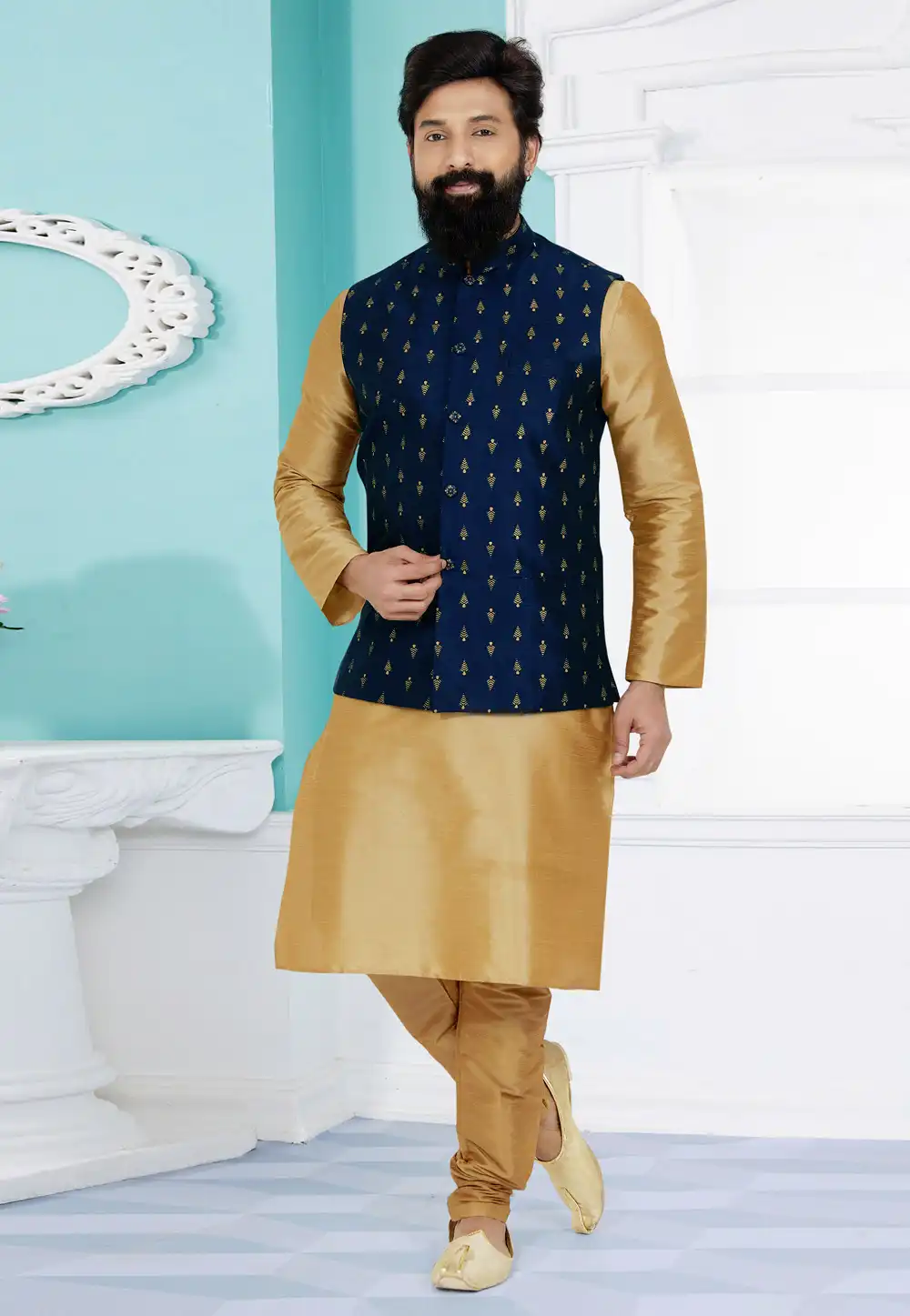 Beige Banarasi Kurta Pajama With Jacket 268537