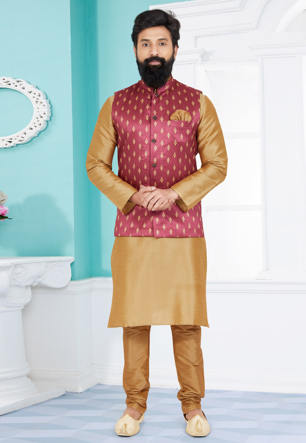 Beige Banarasi Kurta Pajama With Jacket 268539