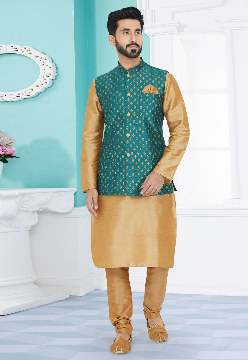 Beige Banarasi Kurta Pajama With Jacket 268540
