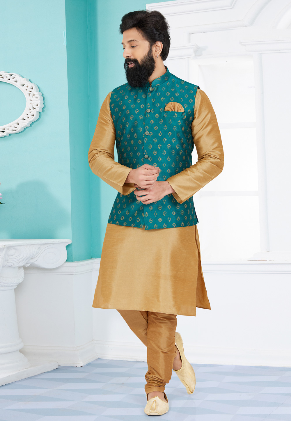 Beige Banarasi Kurta Pajama With Jacket 268541