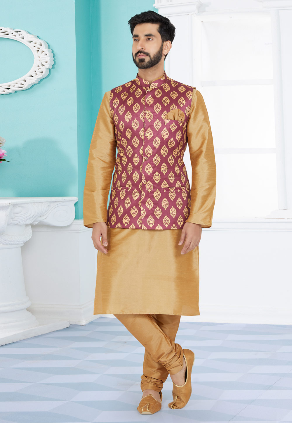 Beige Banarasi Kurta Pajama With Jacket 268542