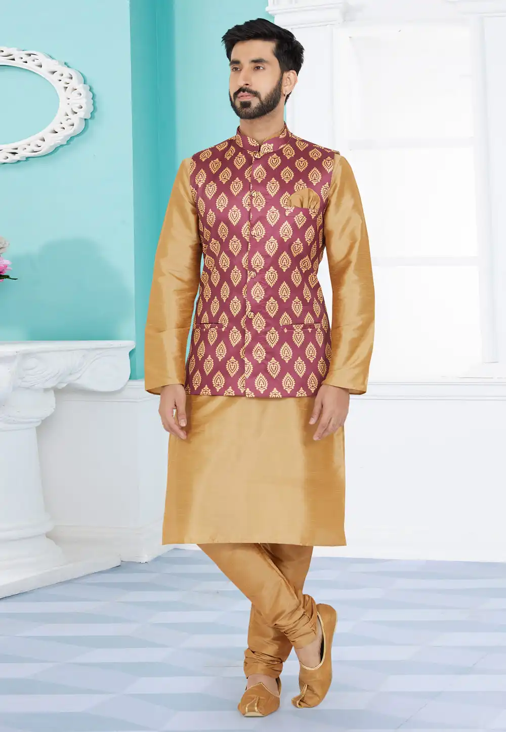 Beige Banarasi Kurta Pajama With Jacket 268542