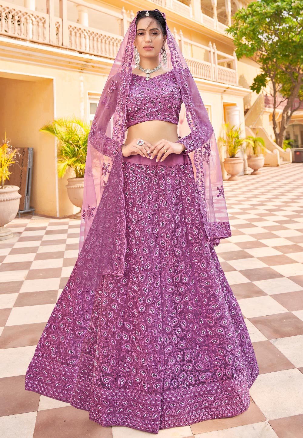Purple Net A Line Lehenga Choli 256319